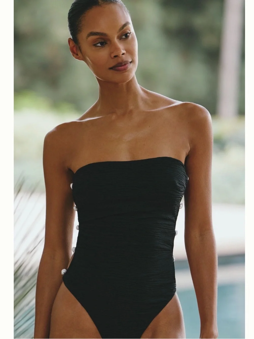 LA PORTE Stephanie One Piece Swimsuit Jet Black Jacquard Cutout Pearl Small NEW